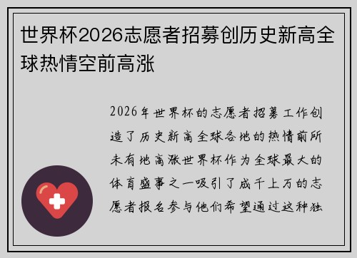 世界杯2026志愿者招募创历史新高全球热情空前高涨 世界杯2026志愿者招募创历史新高全球热情空前高涨